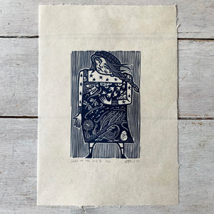 PRE-ORDER - Lady of the Air II - *2023 Edition* linocut print (dark blue; 16 cm x 23.5 cm)