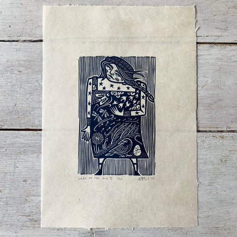 PRE-ORDER - Lady of the Air II - *2023 Edition* linocut print (dark blue; 16 cm x 23.5 cm)