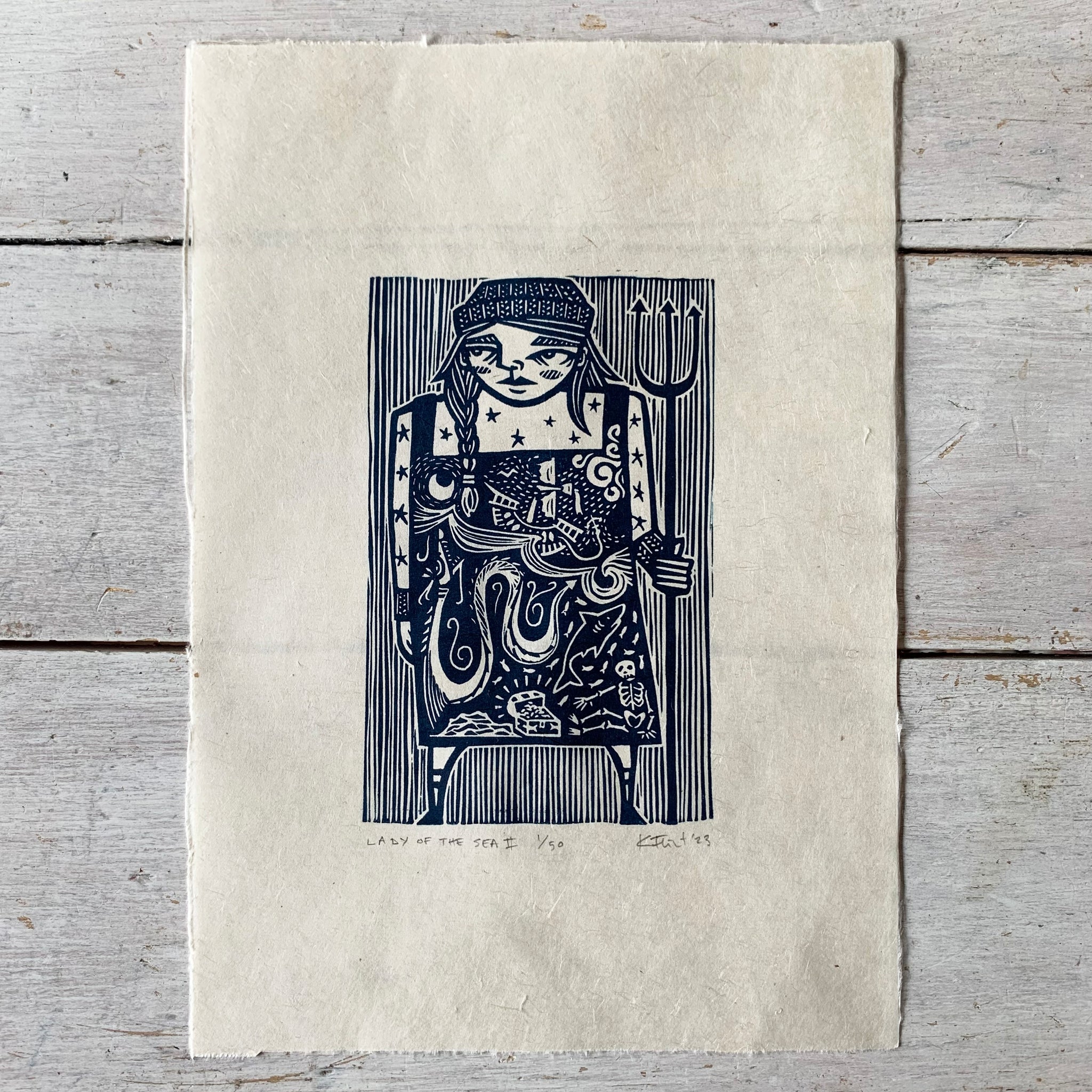 PRE-ORDER - Lady of the Sea II - *2023 Edition* linocut print (dark blue; 16 cm x 23.5 cm)