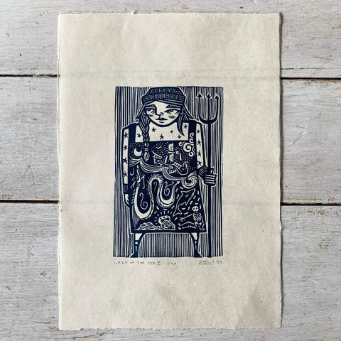 PRE-ORDER - Lady of the Sea II - *2023 Edition* linocut print (dark blue; 16 cm x 23.5 cm)