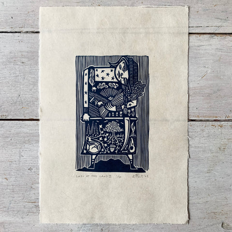 PRE-ORDER - Lady of the Land II - *2023 Edition* linocut print (dark blue; 16 cm x 23.5 cm)