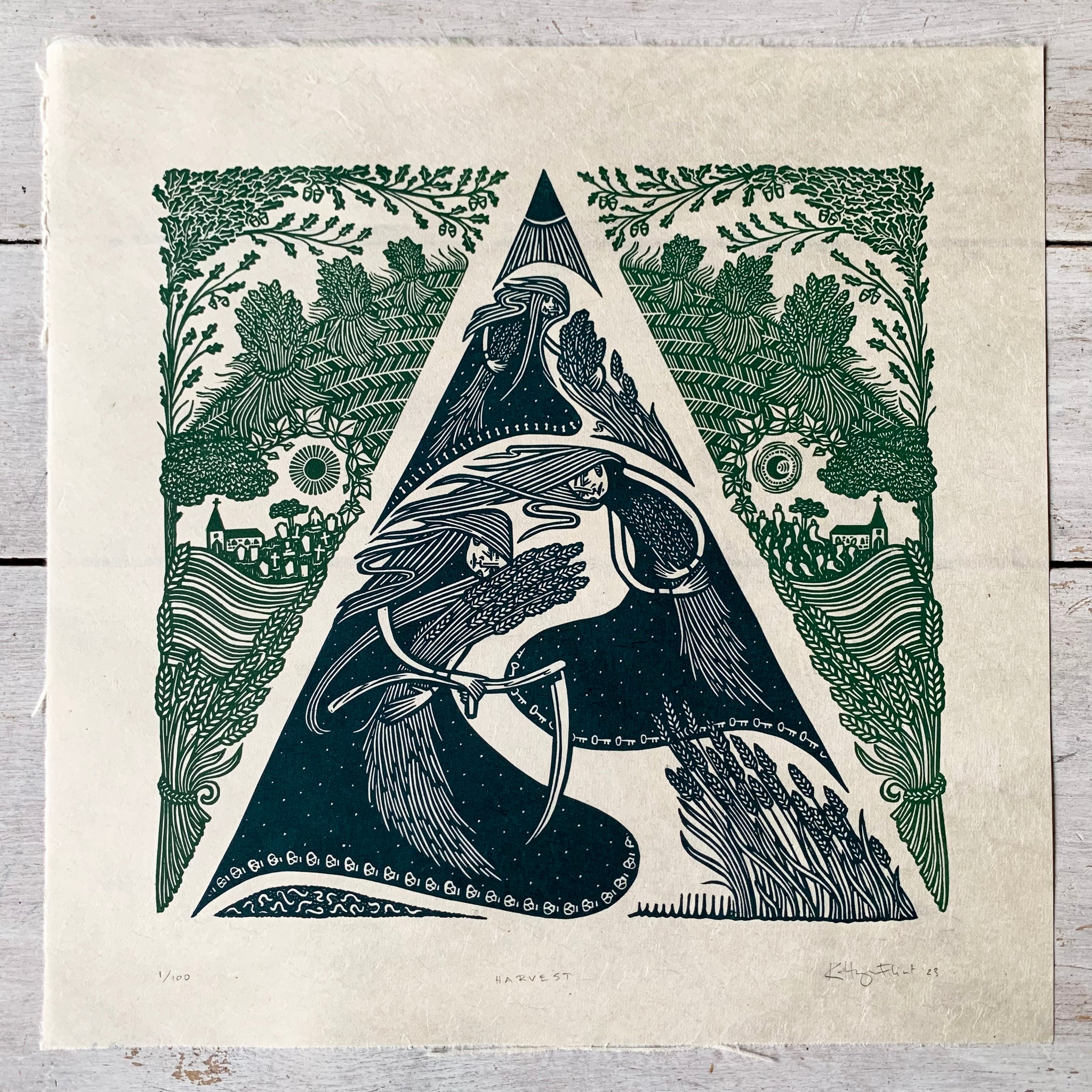 PRE-ORDER - Harvest - *Limited Edition* linocut (dark green / dark teal 30 x 30 cm)