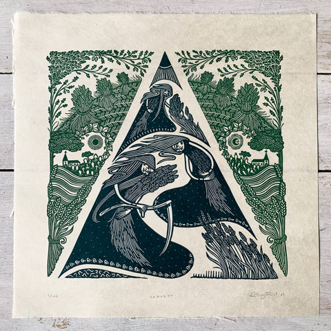 PRE-ORDER - Harvest - *Limited Edition* linocut (dark green / dark teal 30 x 30 cm)