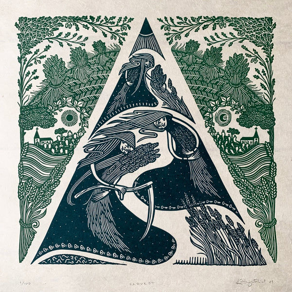 PRE-ORDER - Harvest - *Limited Edition* linocut (dark green / dark teal 30 x 30 cm)