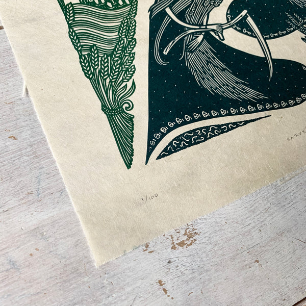 PRE-ORDER - Harvest - *Limited Edition* linocut (dark green / dark teal 30 x 30 cm)
