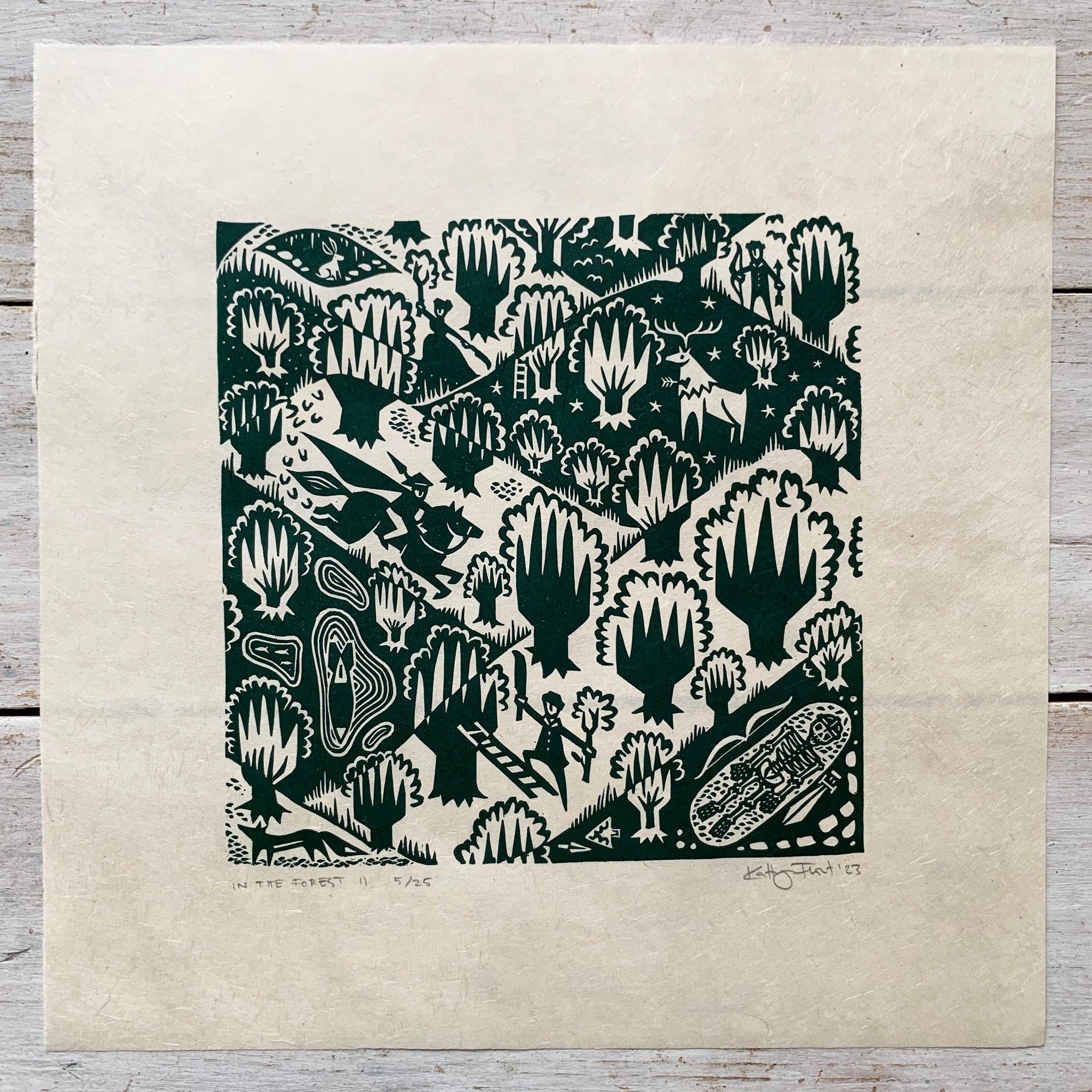 PRE ORDER - In The Forest II - *Limited Edition* linocut print (green on Kitakata; 23 cm x 23 cm)