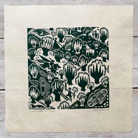PRE ORDER - In The Forest II - *Limited Edition* linocut print (green on Kitakata; 23 cm x 23 cm)