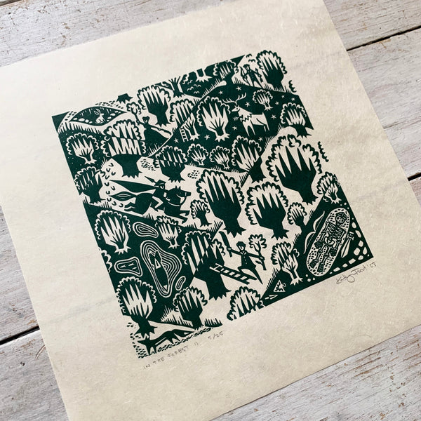 PRE ORDER - In The Forest II - *Limited Edition* linocut print (green on Kitakata; 23 cm x 23 cm)