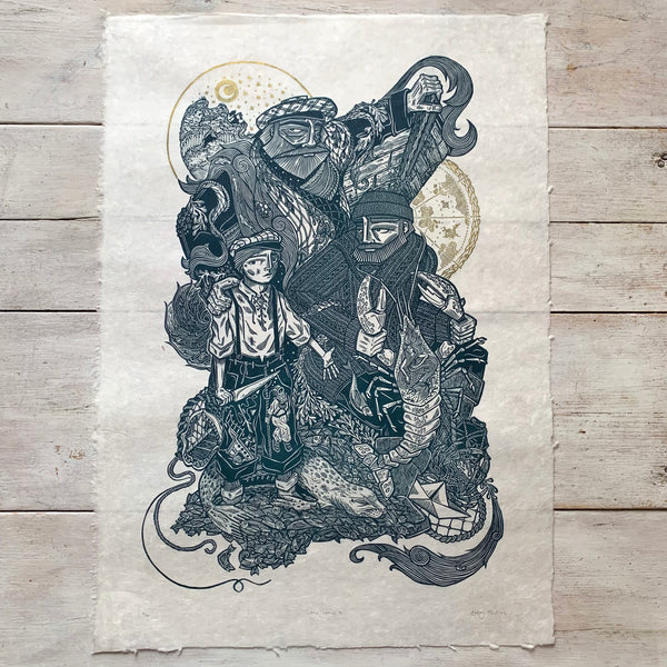 PRE-ORDER - The Catch II - *Limited GOLD Edition* linocut print (teal; 67 cm x 47 cm)