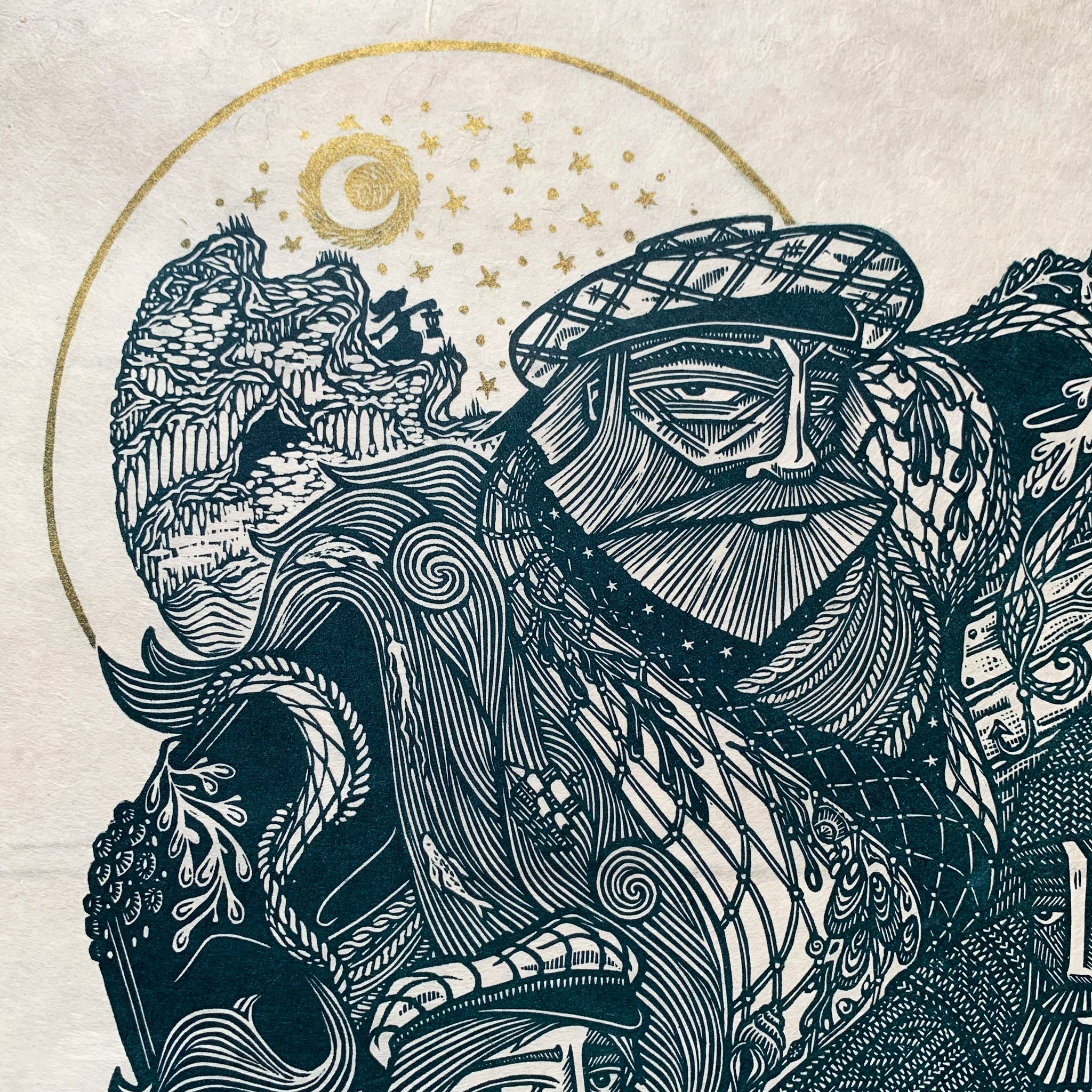 PRE-ORDER - The Catch II - *Limited GOLD Edition* linocut print (teal; 67 cm x 47 cm)