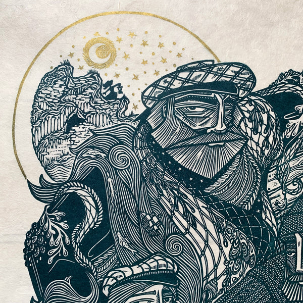 PRE-ORDER - The Catch II - *Limited GOLD Edition* linocut print (teal; 67 cm x 47 cm)