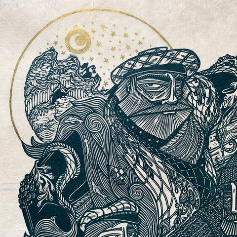 PRE-ORDER - The Catch II - *Limited GOLD Edition* linocut print (teal; 67 cm x 47 cm)