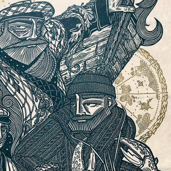 PRE-ORDER - The Catch II - *Limited GOLD Edition* linocut print (teal; 67 cm x 47 cm)