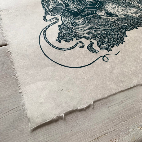 PRE-ORDER - The Catch II - *Limited GOLD Edition* linocut print (teal; 67 cm x 47 cm)