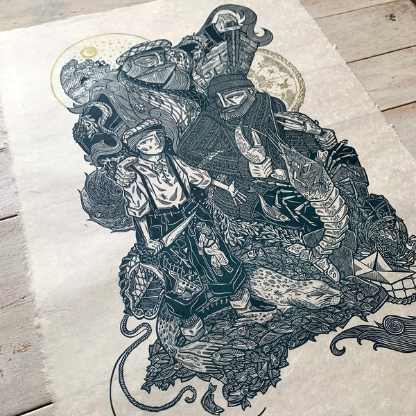 PRE-ORDER - The Catch II - *Limited GOLD Edition* linocut print (teal; 67 cm x 47 cm)