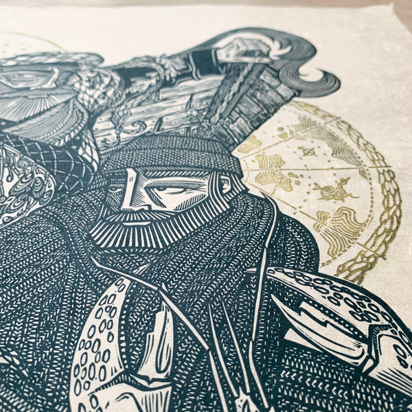 PRE-ORDER - The Catch II - *Limited GOLD Edition* linocut print (teal; 67 cm x 47 cm)