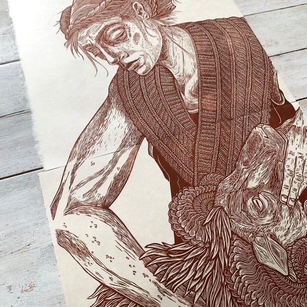 PRE-ORDER - Sit Up Sit Still, Part 2 - *Limited Edition* linocut (rust, 40 x 40cm)