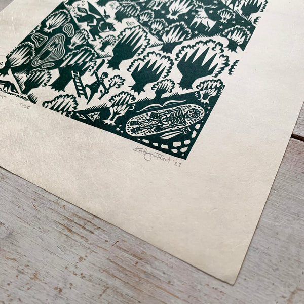 PRE ORDER - In The Forest II - *Limited Edition* linocut print (green on Kitakata; 23 cm x 23 cm)