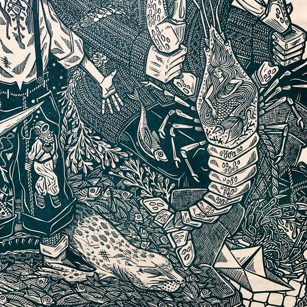 PRE-ORDER - The Catch II - *Limited GOLD Edition* linocut print (teal; 67 cm x 47 cm)