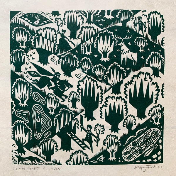 PRE ORDER - In The Forest II - *Limited Edition* linocut print (green on Kitakata; 23 cm x 23 cm)