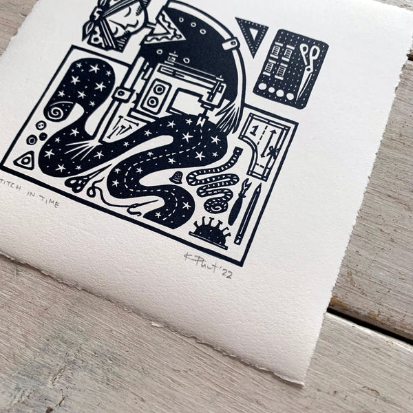 PRE-ORDER - Stitch in Time - linocut print (deep blue; 15 cm x 15 cm)