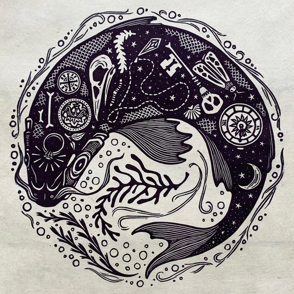 PRE-ORDER - Lost Things - *Limited Edition* linocut print (purple-black on Kitakata; 23cm x 23cm)