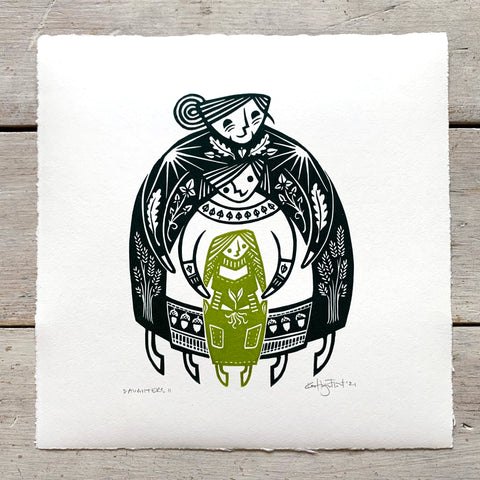 PRE-ORDER - Daughters II - two-colour lino print (dark green / fresh green, 20 x 20cm)
