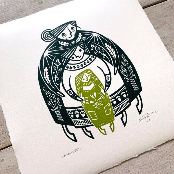 PRE-ORDER - Daughters II - two-colour lino print (dark green / fresh green, 20 x 20cm)