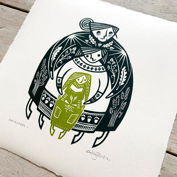 PRE-ORDER - Daughters II - two-colour lino print (dark green / fresh green, 20 x 20cm)