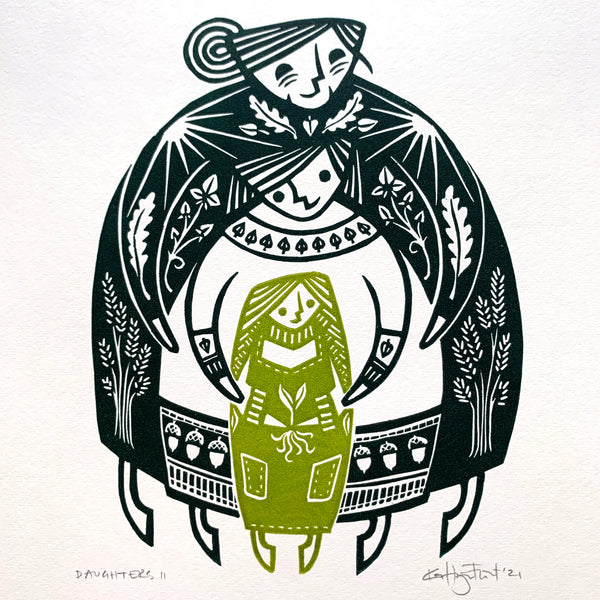 PRE-ORDER - Daughters II - two-colour lino print (dark green / fresh green, 20 x 20cm)
