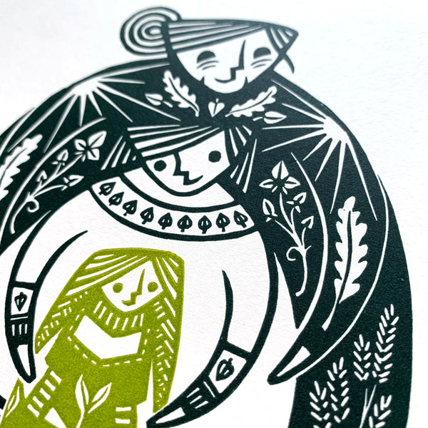 PRE-ORDER - Daughters II - two-colour lino print (dark green / fresh green, 20 x 20cm)