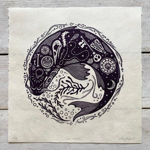 PRE-ORDER - Lost Things - *Limited Edition* linocut print (purple-black on Kitakata; 23cm x 23cm)