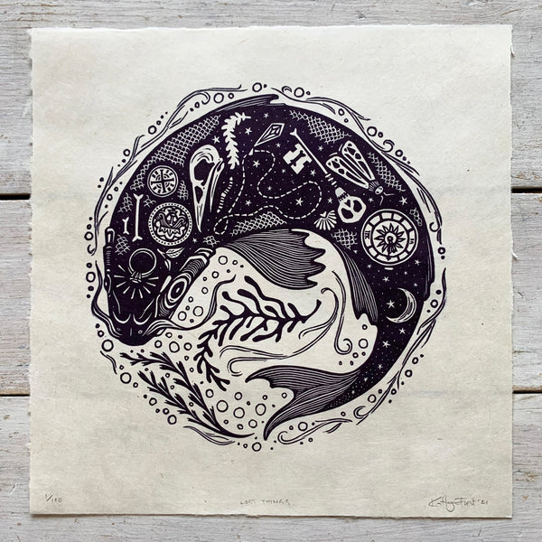 PRE-ORDER - Lost Things - *Limited Edition* linocut print (purple-black on Kitakata; 23cm x 23cm)
