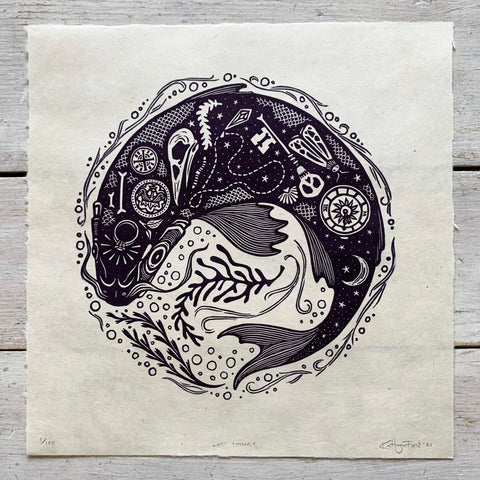PRE-ORDER - Lost Things - *Limited Edition* linocut print (purple-black on Kitakata; 23cm x 23cm)