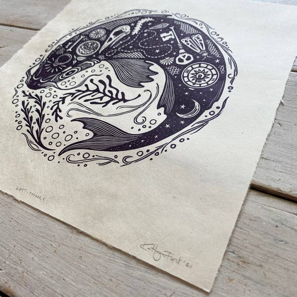 PRE-ORDER - Lost Things - *Limited Edition* linocut print (purple-black on Kitakata; 23cm x 23cm)