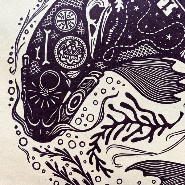 PRE-ORDER - Lost Things - *Limited Edition* linocut print (purple-black on Kitakata; 23cm x 23cm)