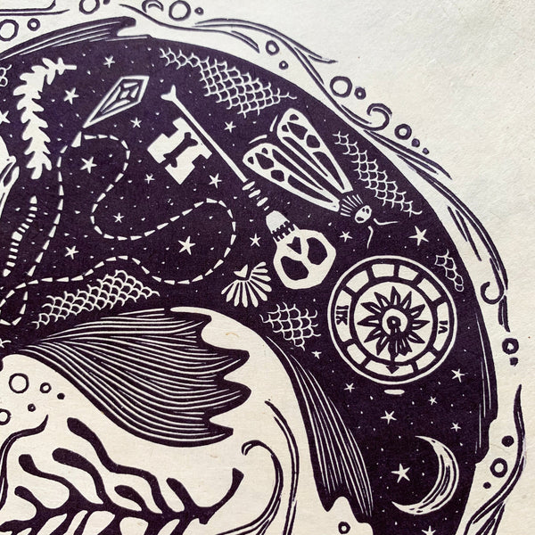 PRE-ORDER - Lost Things - *Limited Edition* linocut print (purple-black on Kitakata; 23cm x 23cm)