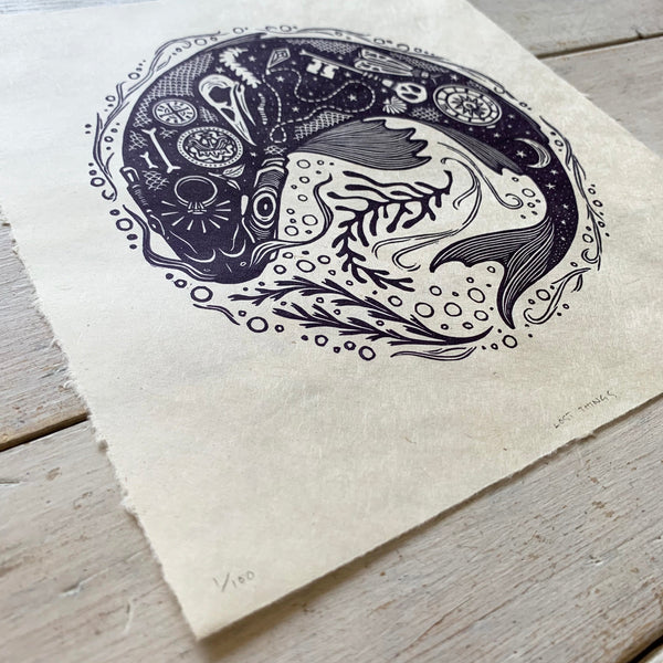 PRE-ORDER - Lost Things - *Limited Edition* linocut print (purple-black on Kitakata; 23cm x 23cm)