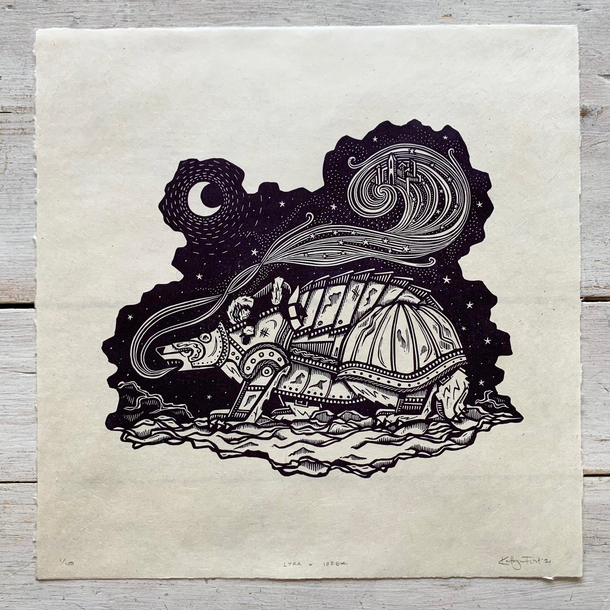 PRE-ORDER - Lyra & Iorek - *Limited Edition* linocut print (purple-black on Kitakata; 30cm x 30cm)