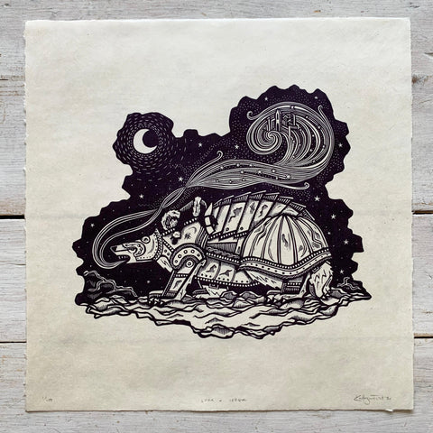 PRE-ORDER - Lyra & Iorek - *Limited Edition* linocut print (purple-black on Kitakata; 30cm x 30cm)
