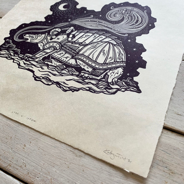 PRE-ORDER - Lyra & Iorek - *Limited Edition* linocut print (purple-black on Kitakata; 30cm x 30cm)