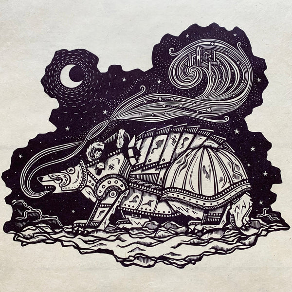 PRE-ORDER - Lyra & Iorek - *Limited Edition* linocut print (purple-black on Kitakata; 30cm x 30cm)