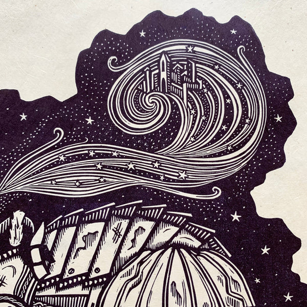 PRE-ORDER - Lyra & Iorek - *Limited Edition* linocut print (purple-black on Kitakata; 30cm x 30cm)
