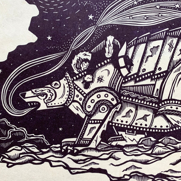 PRE-ORDER - Lyra & Iorek - *Limited Edition* linocut print (purple-black on Kitakata; 30cm x 30cm)