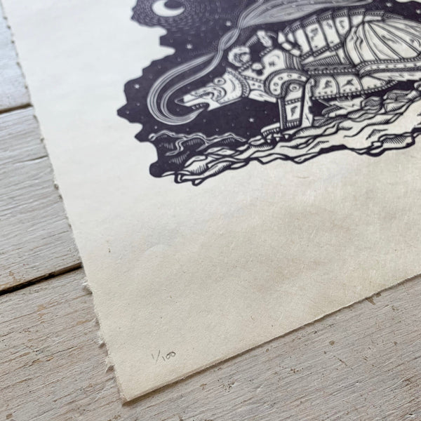 PRE-ORDER - Lyra & Iorek - *Limited Edition* linocut print (purple-black on Kitakata; 30cm x 30cm)