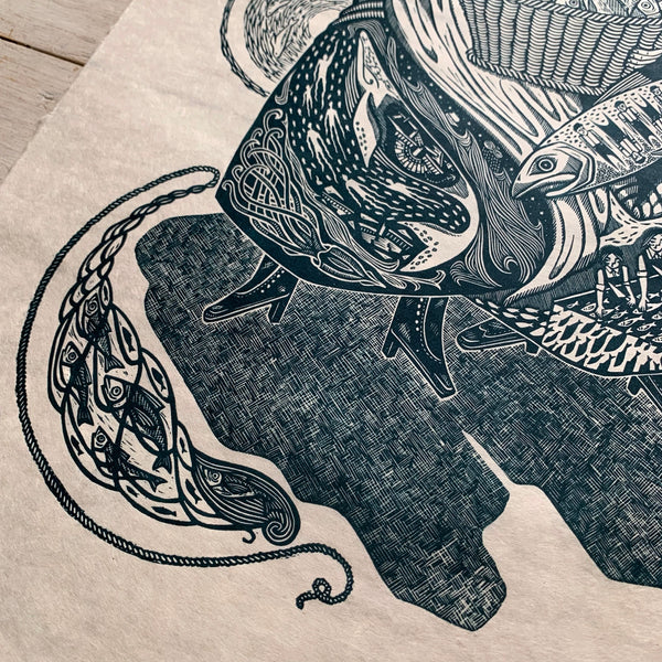 PRE-ORDER - The Shoals of Herring II - *Limited GOLD Edition* linocut print (teal with hand-applied gold dust; 67 cm x 47 cm)