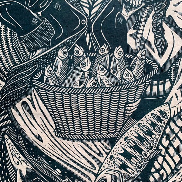 PRE-ORDER - The Shoals of Herring II - *Limited GOLD Edition* linocut print (teal with hand-applied gold dust; 67 cm x 47 cm)