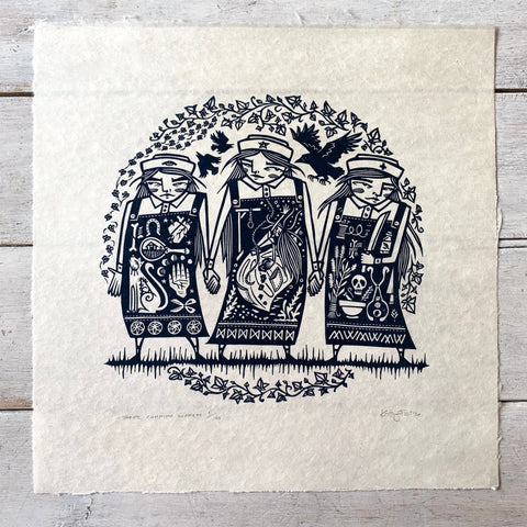 PRE-ORDER - Three Cunning Women - *Limited Edition* linocut print (30 cm x 30 cm)