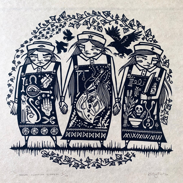 PRE-ORDER - Three Cunning Women - *Limited Edition* linocut print (30 cm x 30 cm)