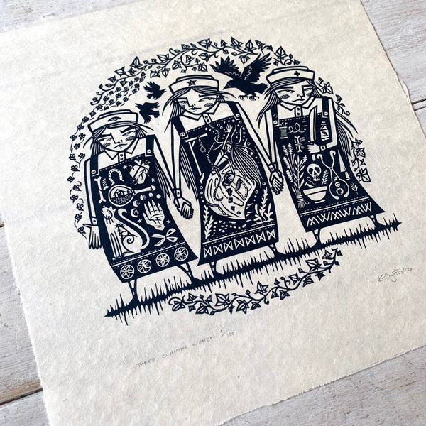 PRE-ORDER - Three Cunning Women - *Limited Edition* linocut print (30 cm x 30 cm)